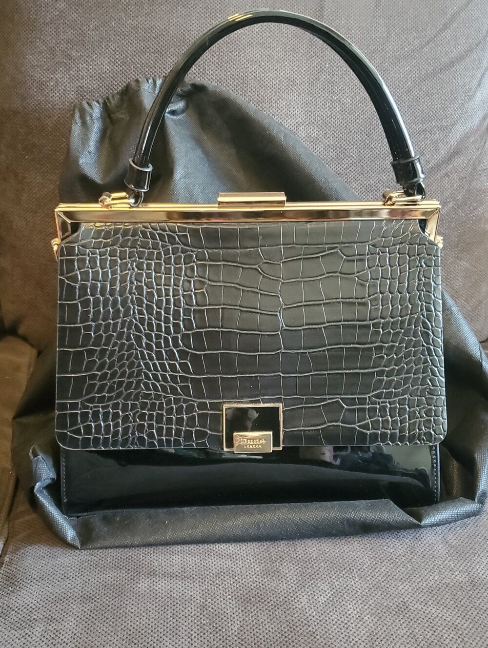 DUNE London Satchel HandBag Black Patent Faux Leather Crossbody Top Handle Strap